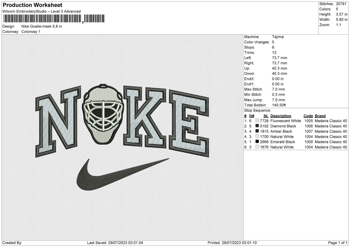 Nike Goalie mask Embroidery File 6 size