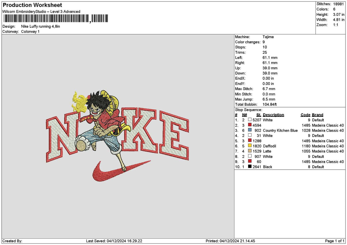 Nike Luffy Running Embroidery File 6 sizes