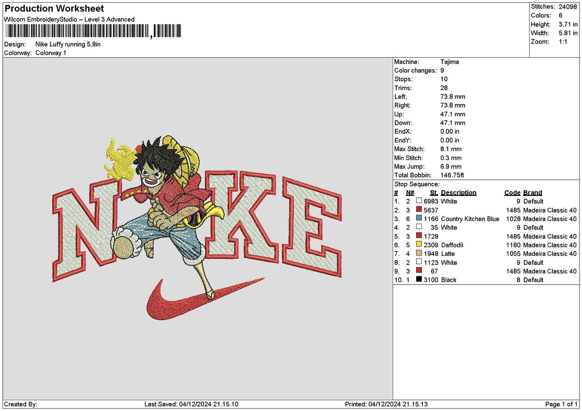 Nike Luffy Running Embroidery File 6 sizes