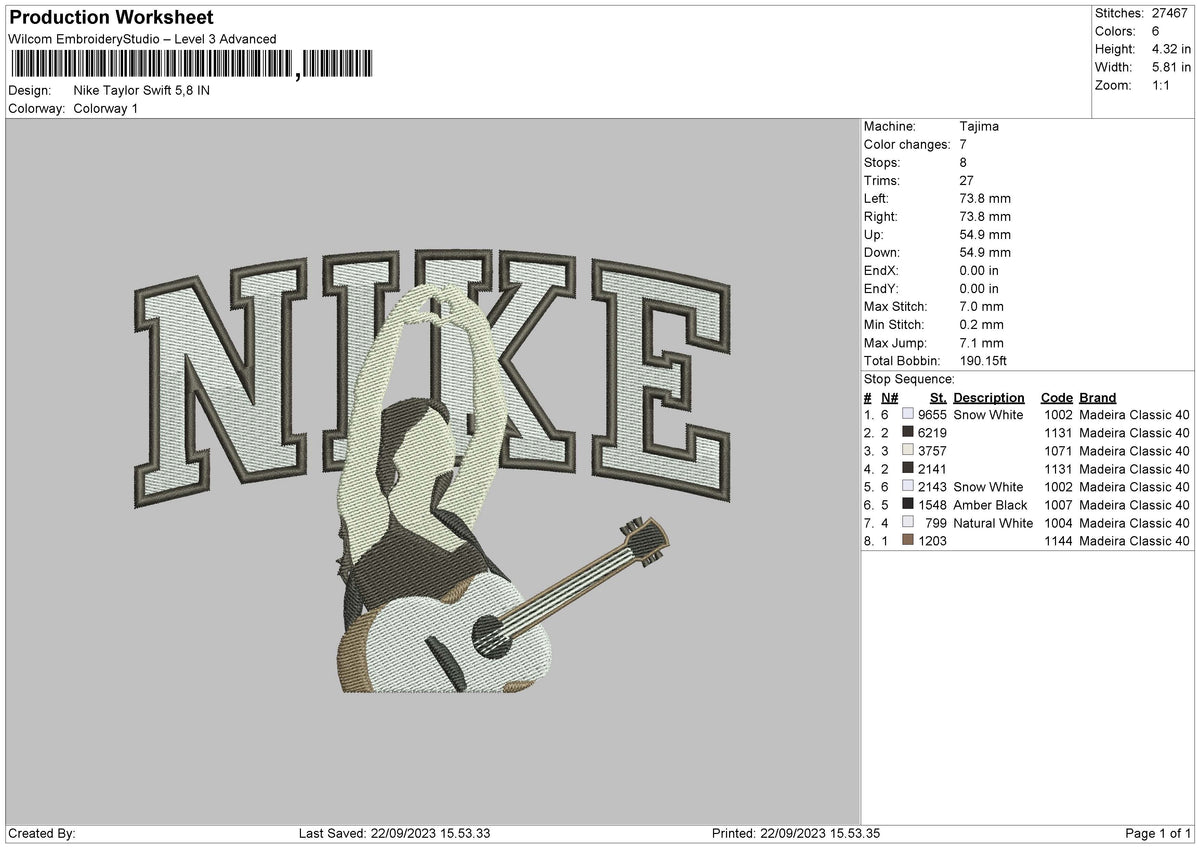Nike Taylor Guitar Embroidery File 6 sizes
