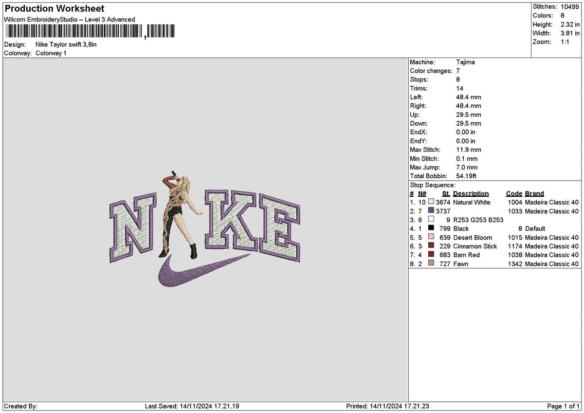 Nike taylor 1411 Embroidery File 6 sizes
