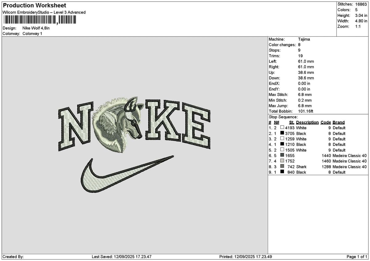 Nike Wolf 1209 Embroidery File 6 sizes