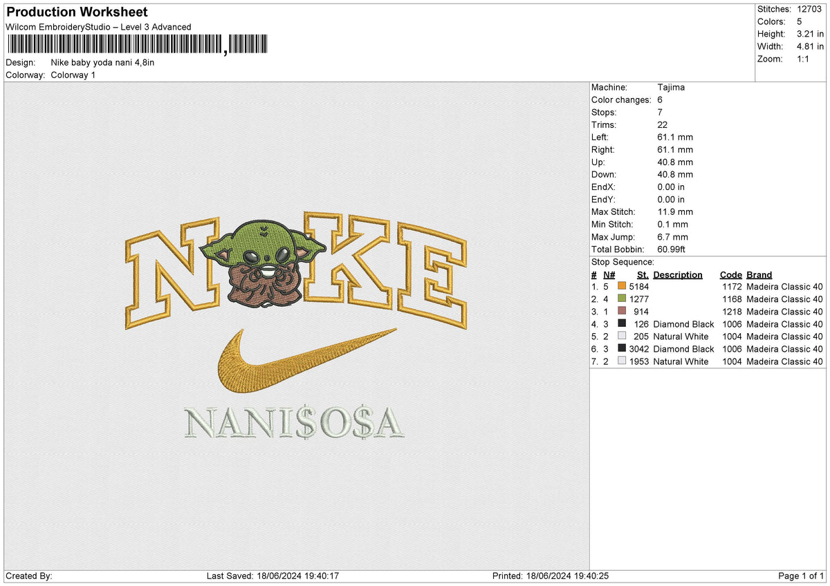 Nike baby yoda nani Embroidery File 6 size