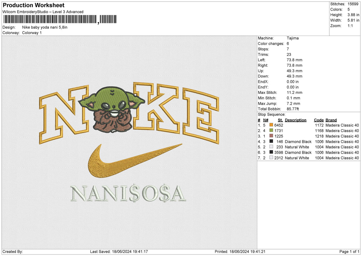 Nike baby yoda nani Embroidery File 6 size