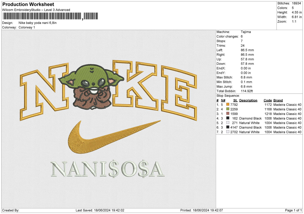 Nike baby yoda nani Embroidery File 6 size