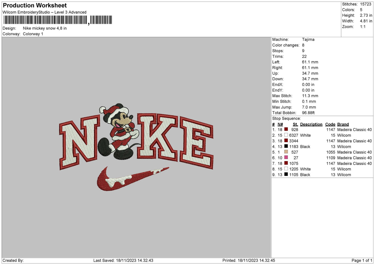 Nike Mickey Snow Embroidery File 6 sizes