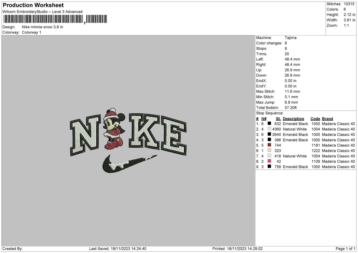 Nike Minnie Snow Embroidery File 6 sizes