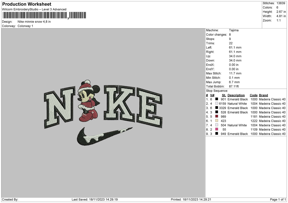 Nike Minnie Snow Embroidery File 6 sizes