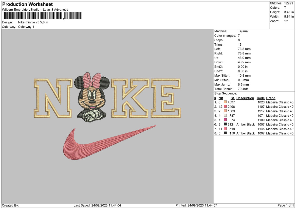 Nike Minnie V5 Embroidery File 6 sizes