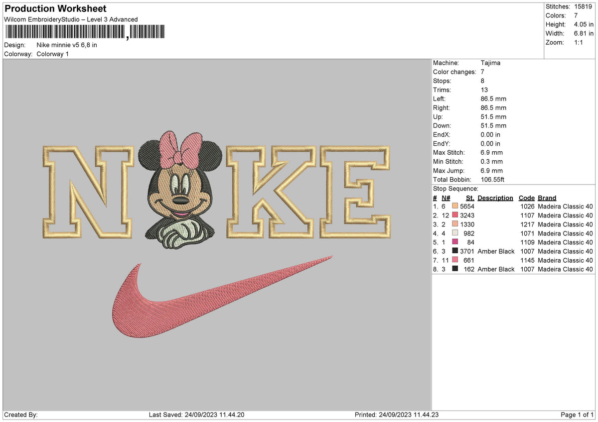 Nike Minnie V5 Embroidery File 6 sizes