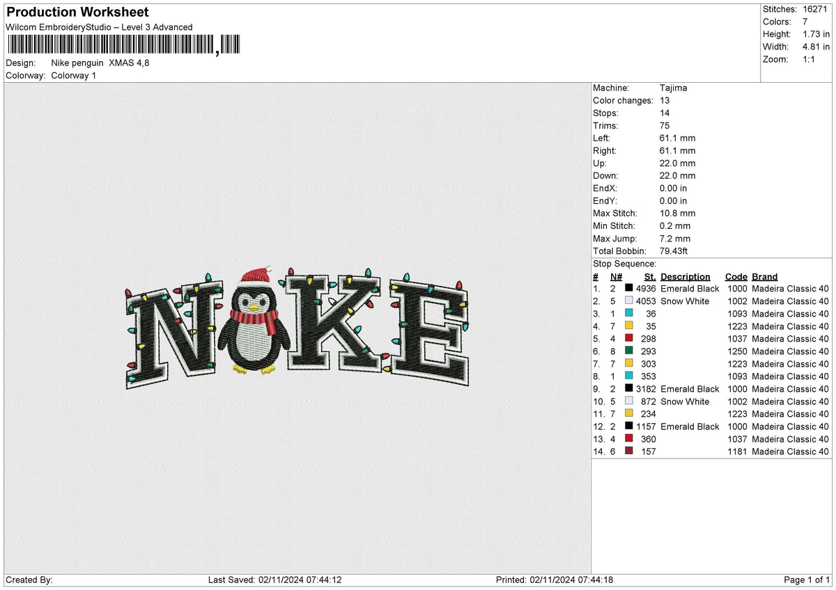 Nike penguin XMAS Embroidery File 6 size