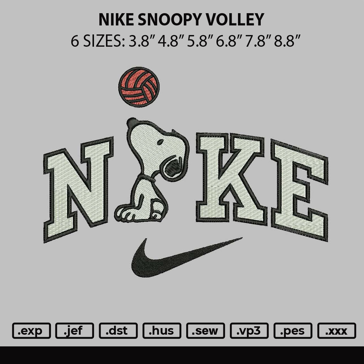 Nike Snoopy Volley Embroidery File 6 sizes