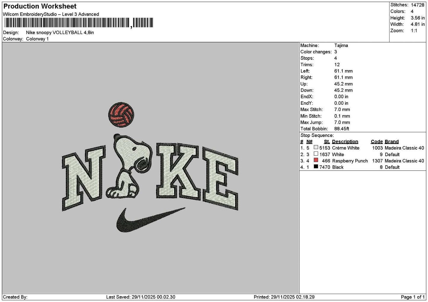 Nike Snoopy Volley Embroidery File 6 sizes