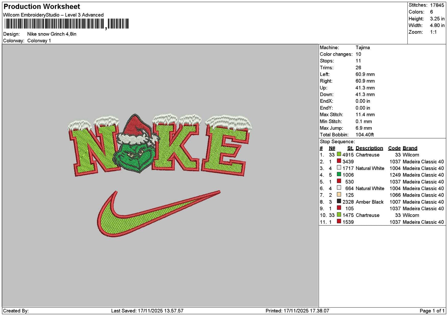 Nike Grinch 1711 Embroidery File 6 sizes