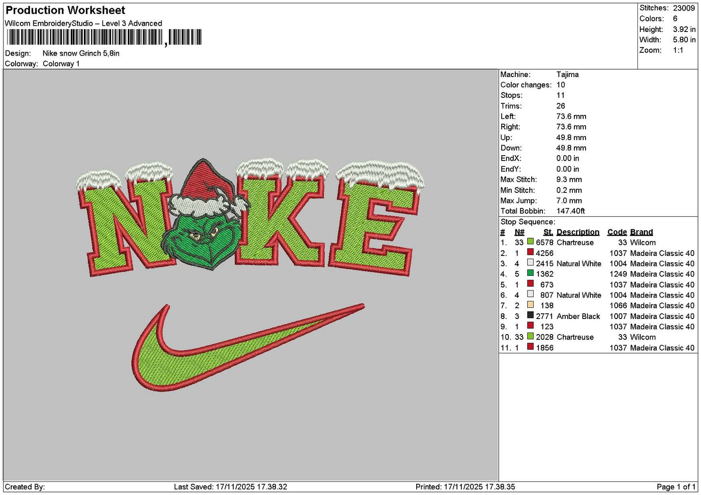 Nike Grinch 1711 Embroidery File 6 sizes