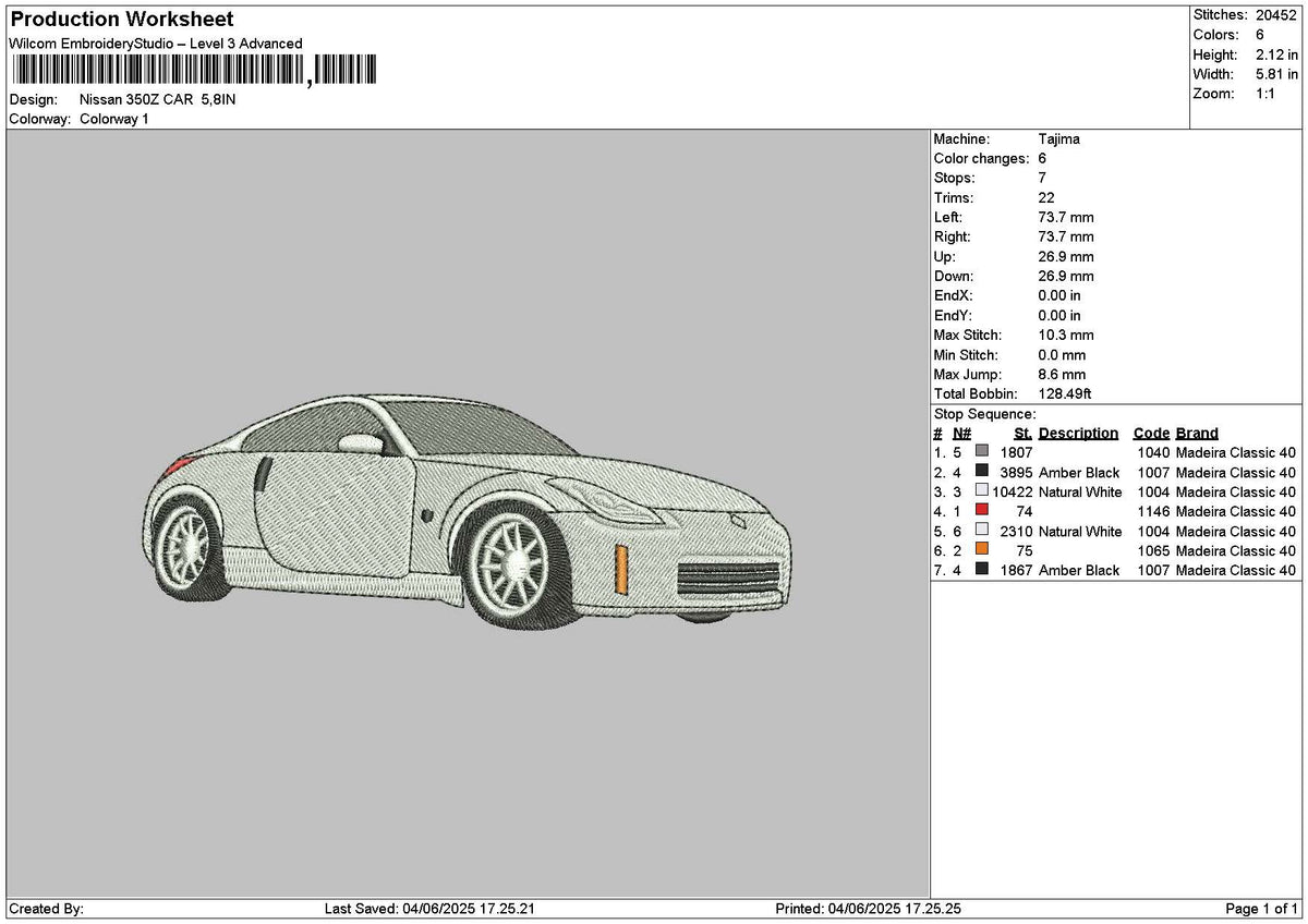 White Car Nissan 0406 Embroidery File 6 sizes