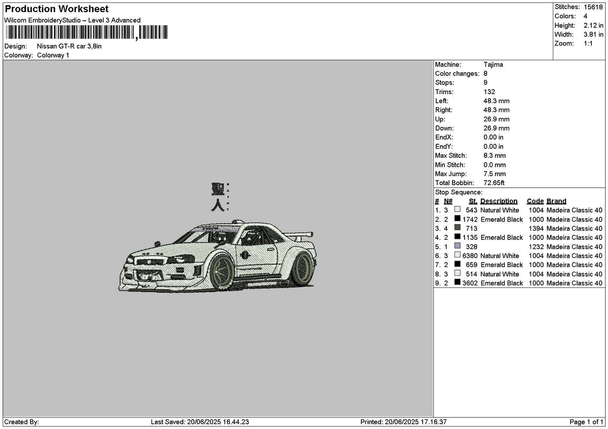 White Car Gtr Embroidery File 6 sizes