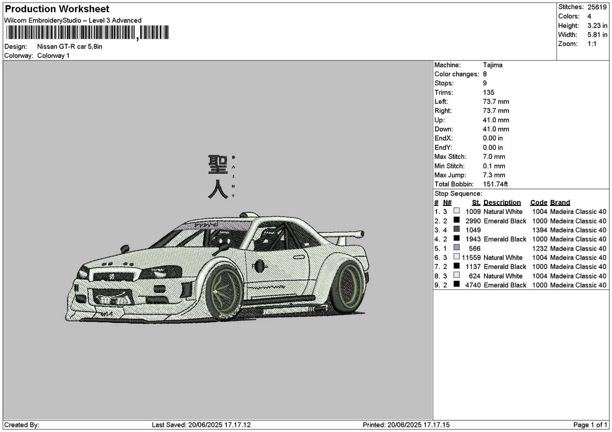 White Car Gtr Embroidery File 6 sizes
