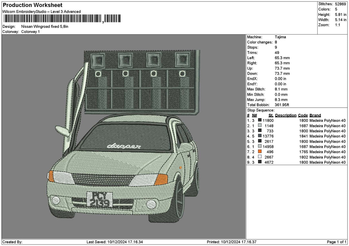 Car 1012 Embroidery File 6 sizes