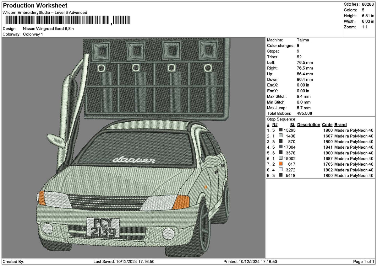 Car 1012 Embroidery File 6 sizes