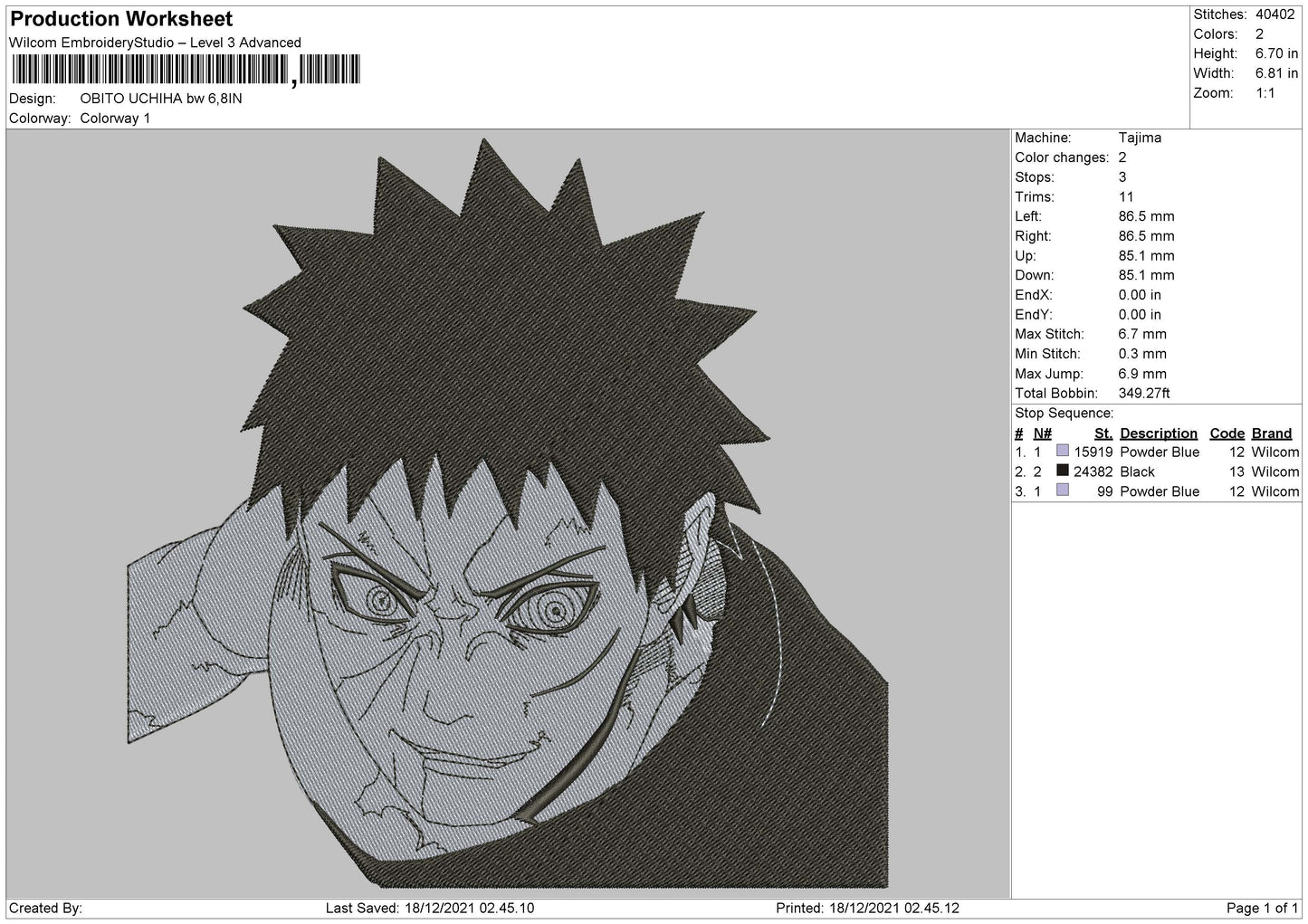 Obito Uchiha Embroidery