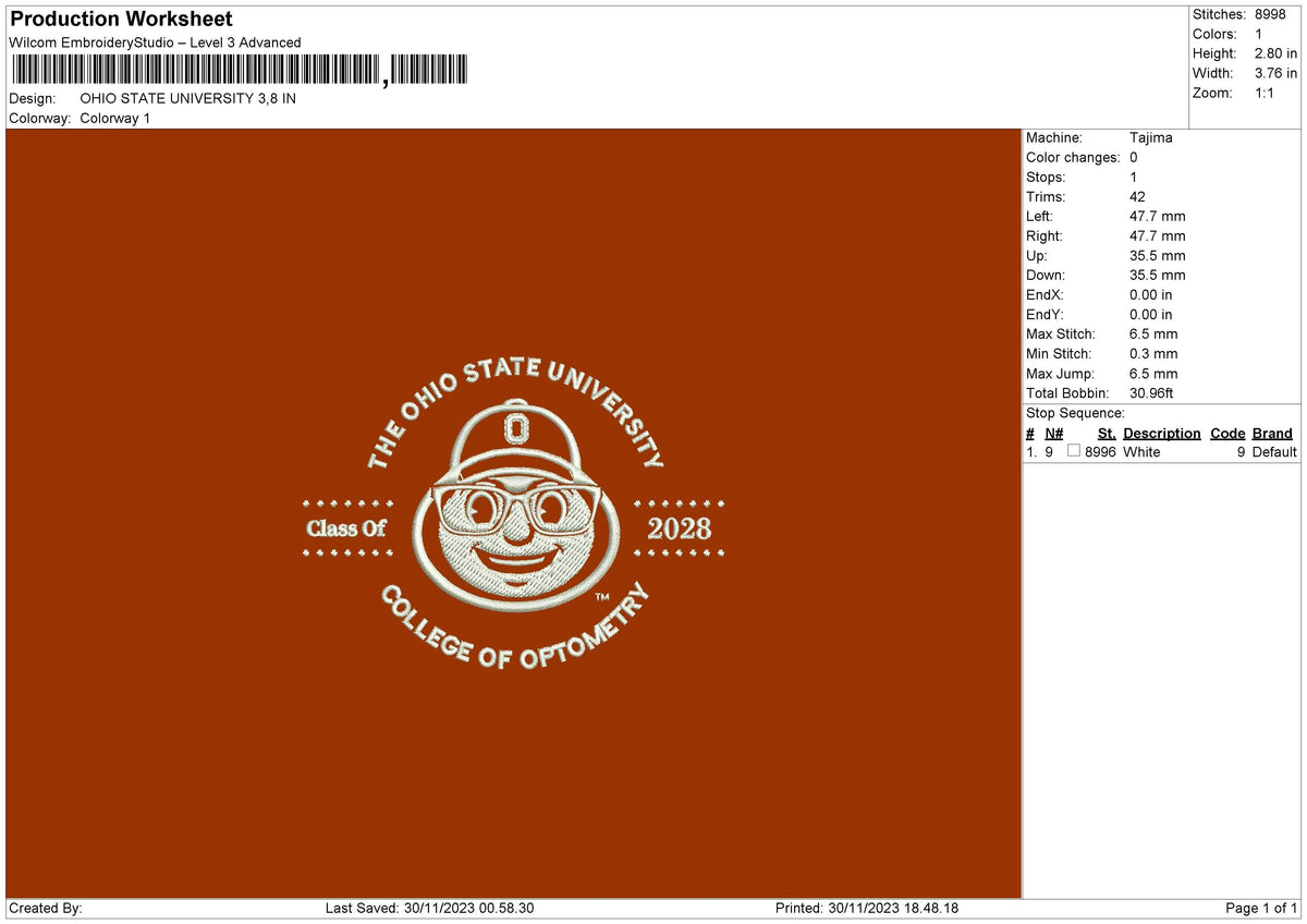 Ohio Univ Embroidery File 6 sizes