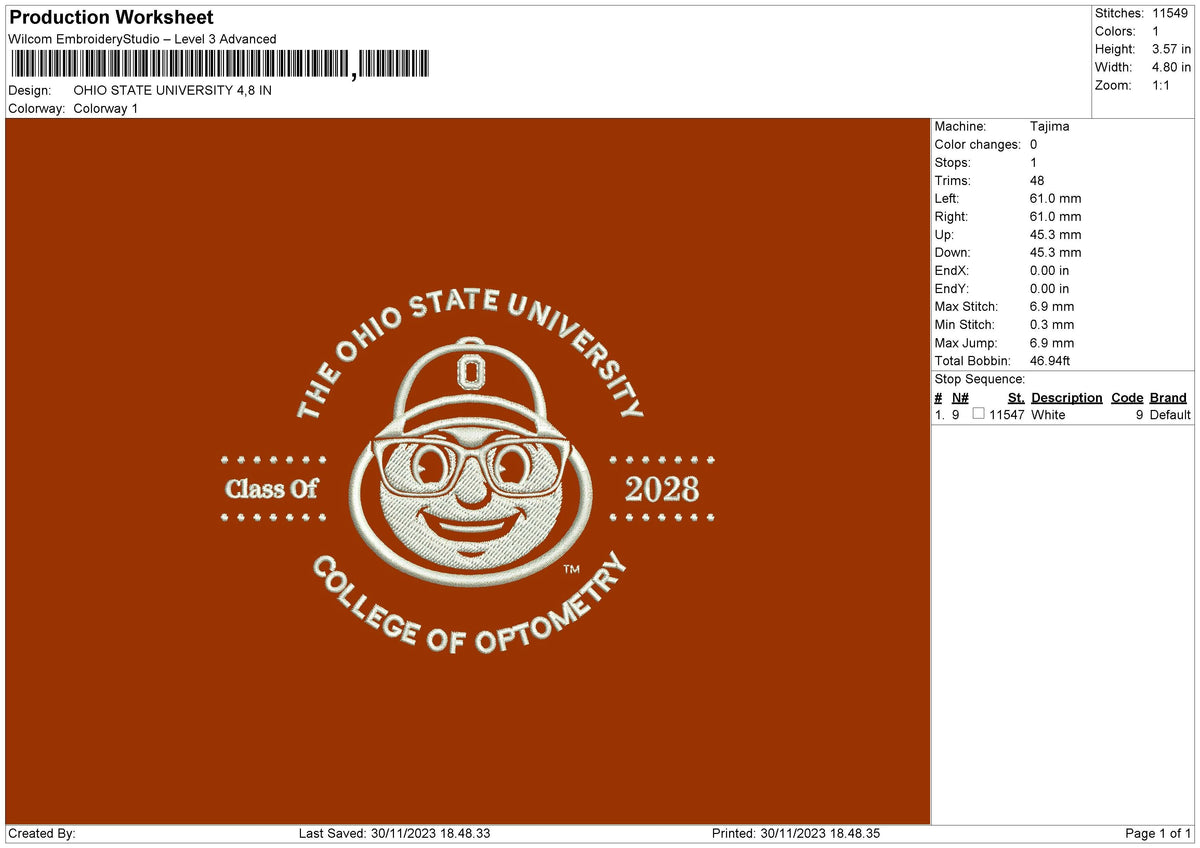 Ohio Univ Embroidery File 6 sizes