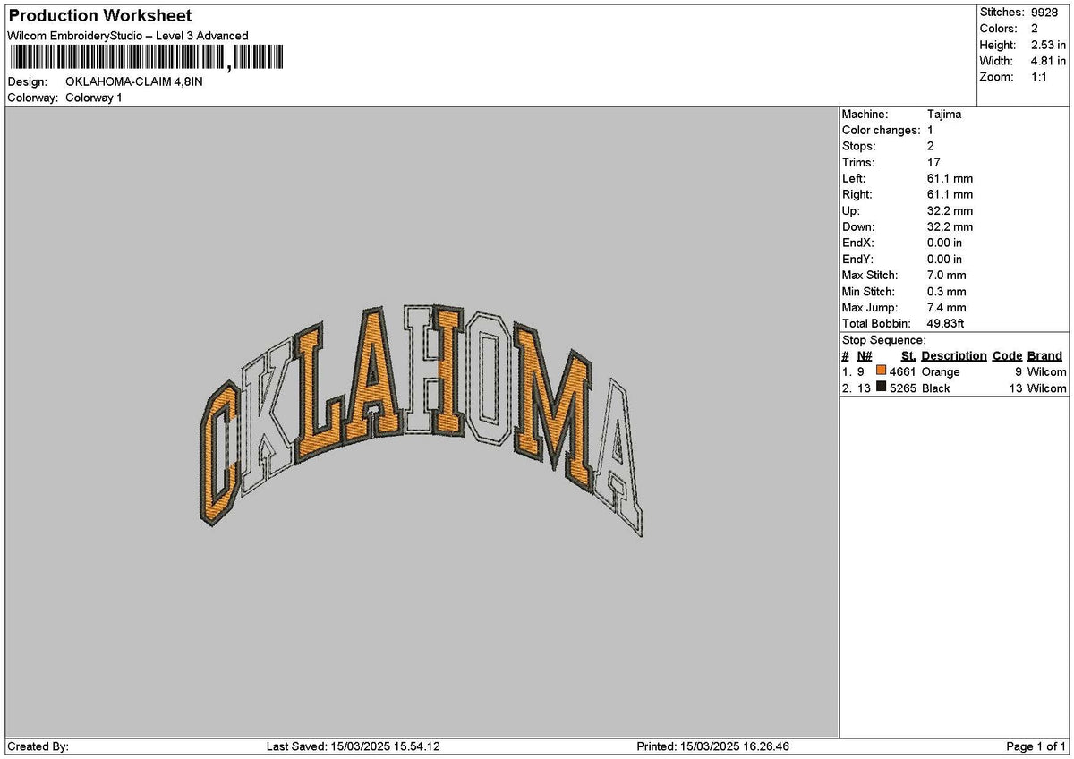 Oklahomatext Embroidery File 6 sizes