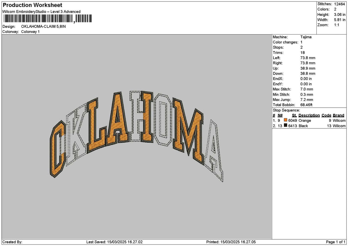Oklahomatext Embroidery File 6 sizes