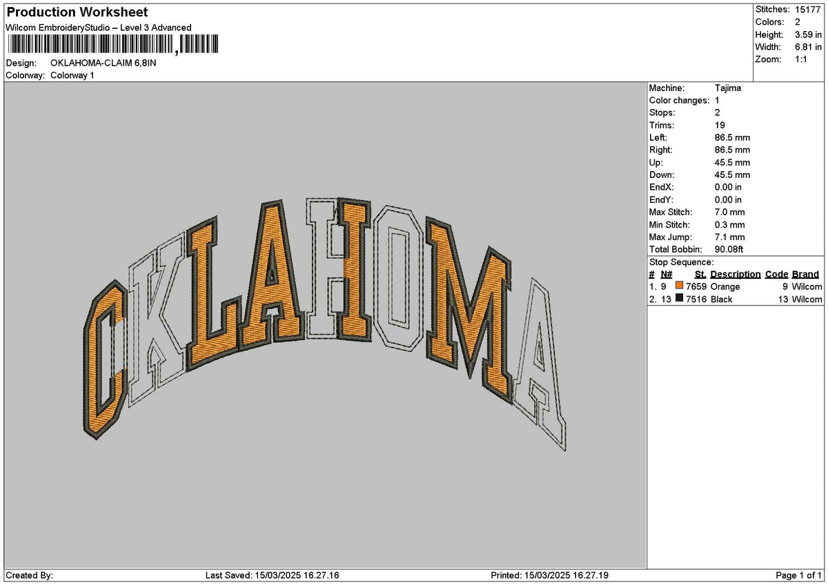 Oklahomatext Embroidery File 6 sizes