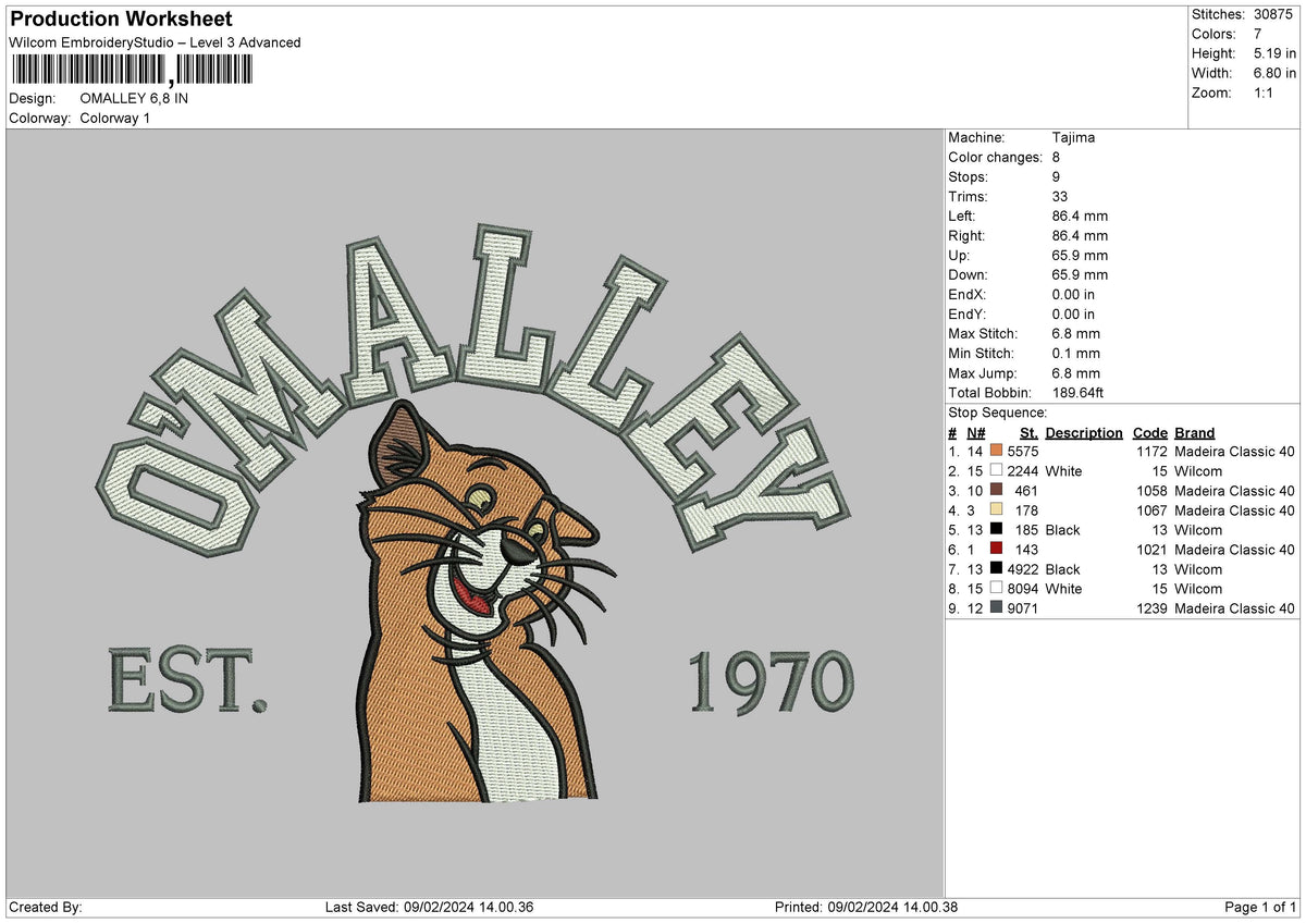 Cat1970 V2 Embroidery File 6 sizes