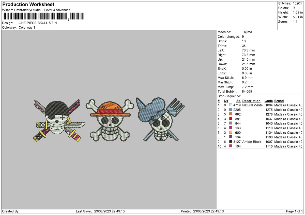 Piece Skull Embroidery File 6 sizes