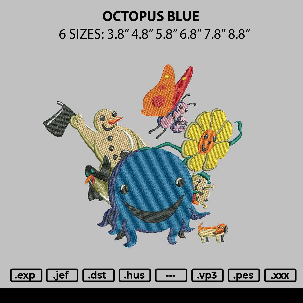 Octopus Blue Embroidery File 6 sizes