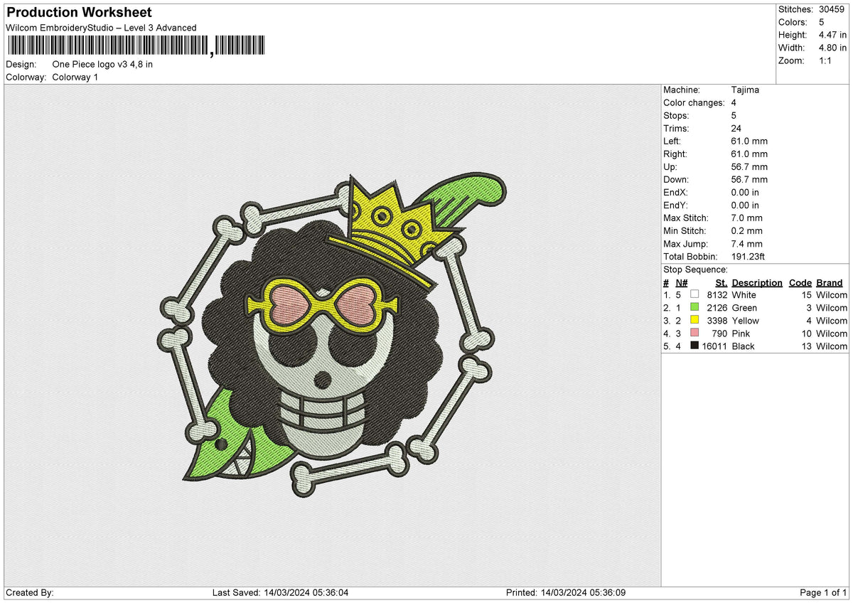 One Piece logo v3 Embroidery file 6 size