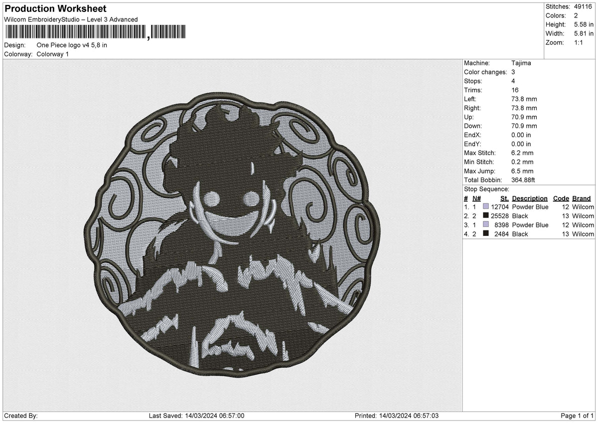 One Piece logo v4 Embroidery File 6 size