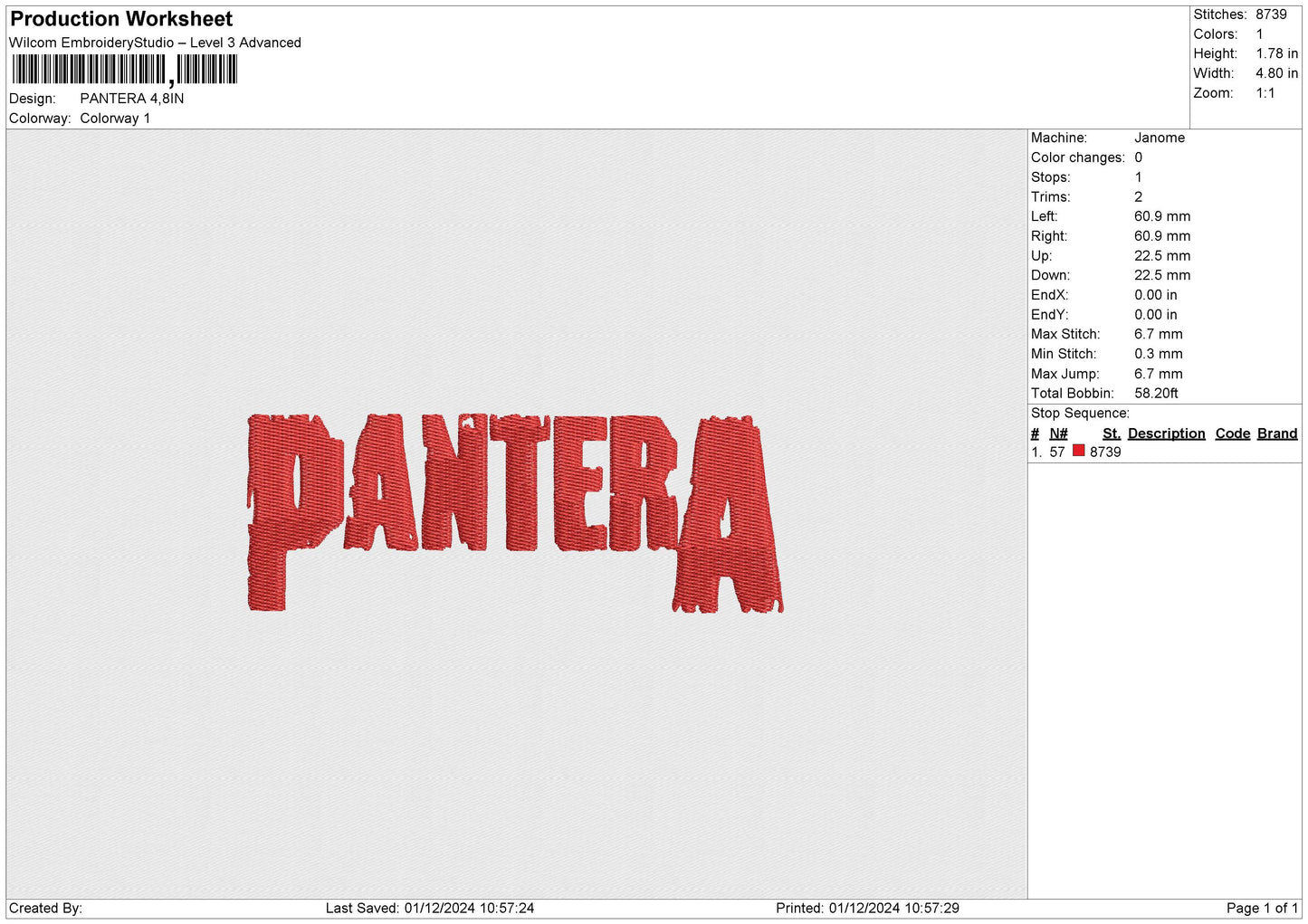 PANTERA Embroidery File 6 size