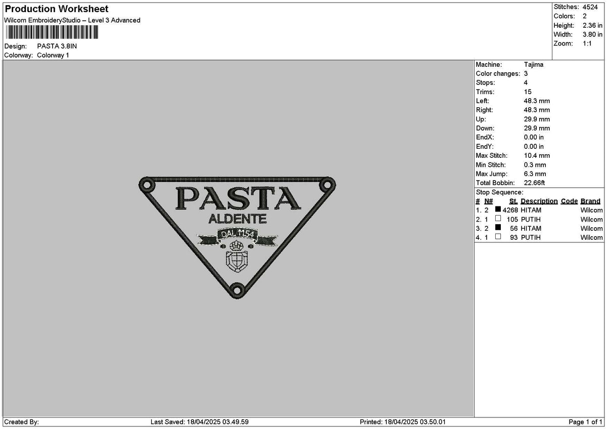 Pastatext1804 Embroidery File 6 sizes