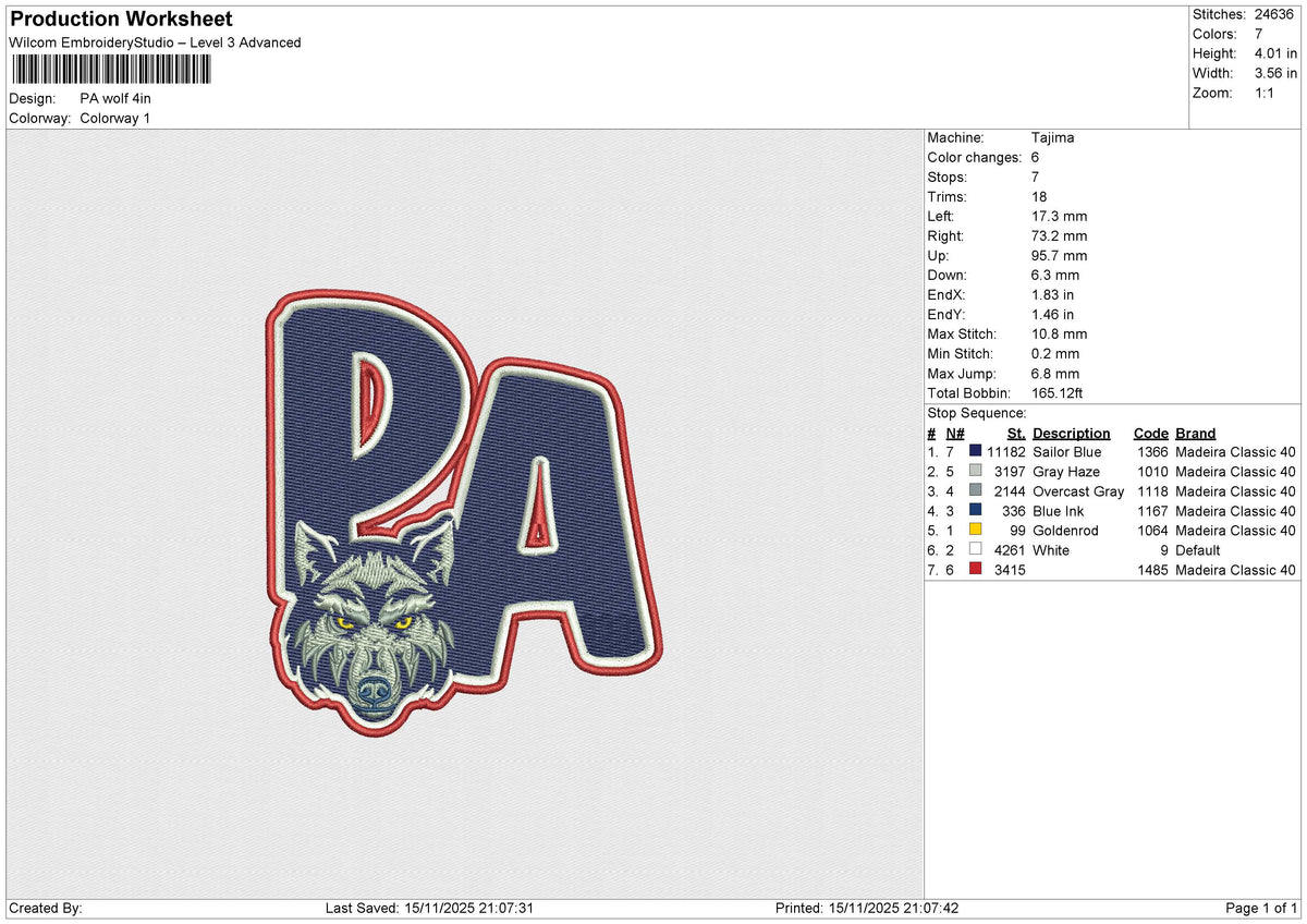 PA wolf Embroidery File 8 size
