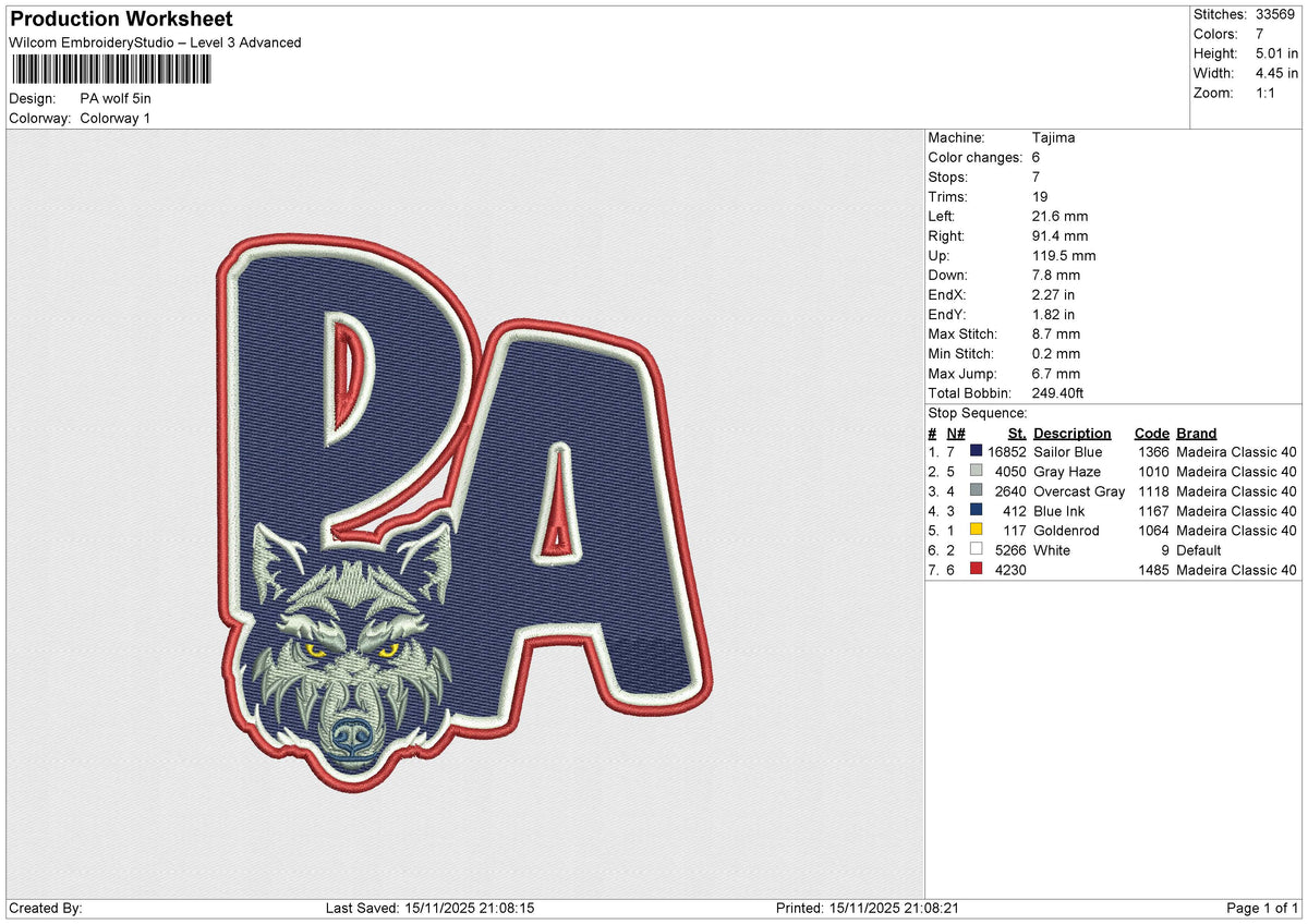 PA wolf Embroidery File 8 size