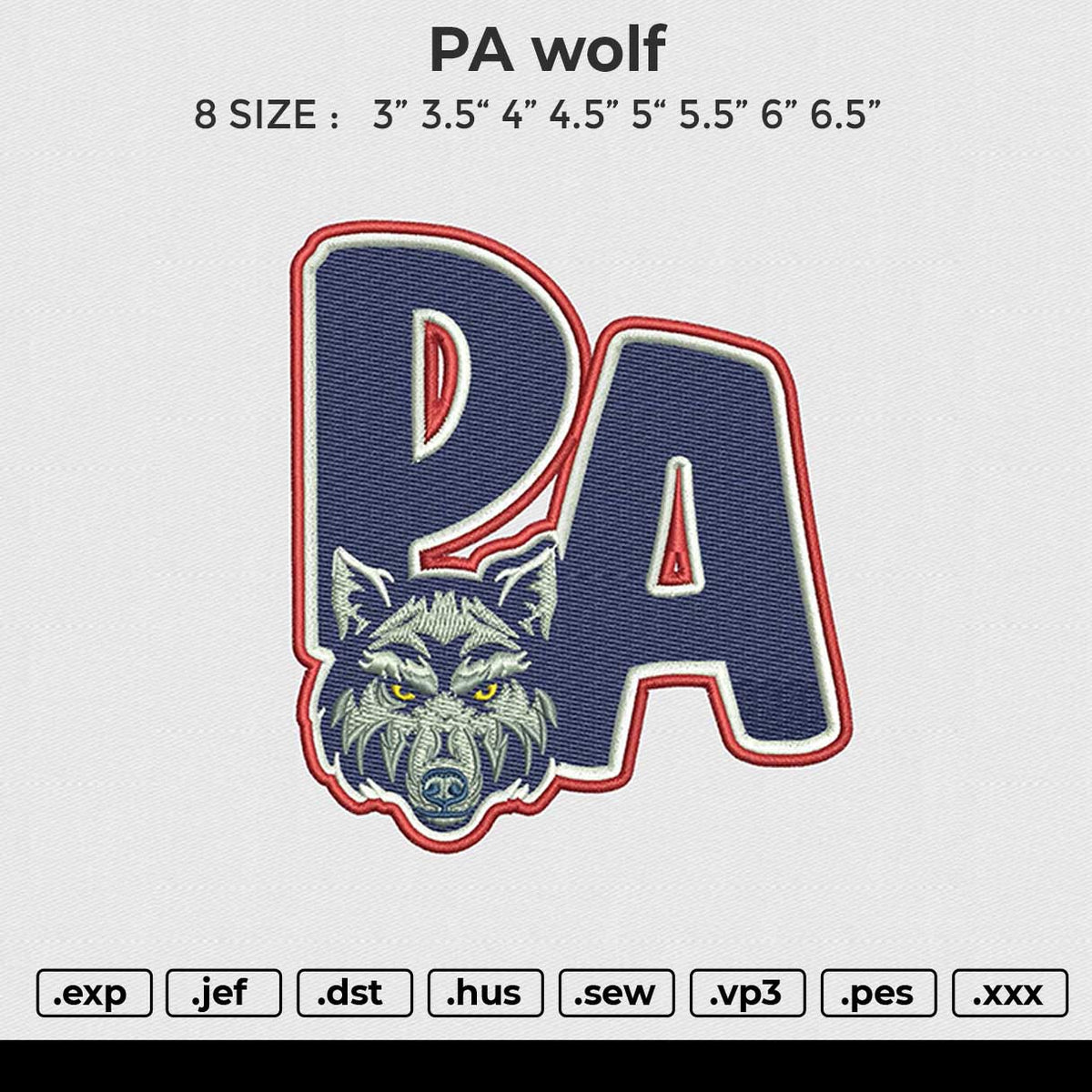 PA wolf Embroidery File 8 size