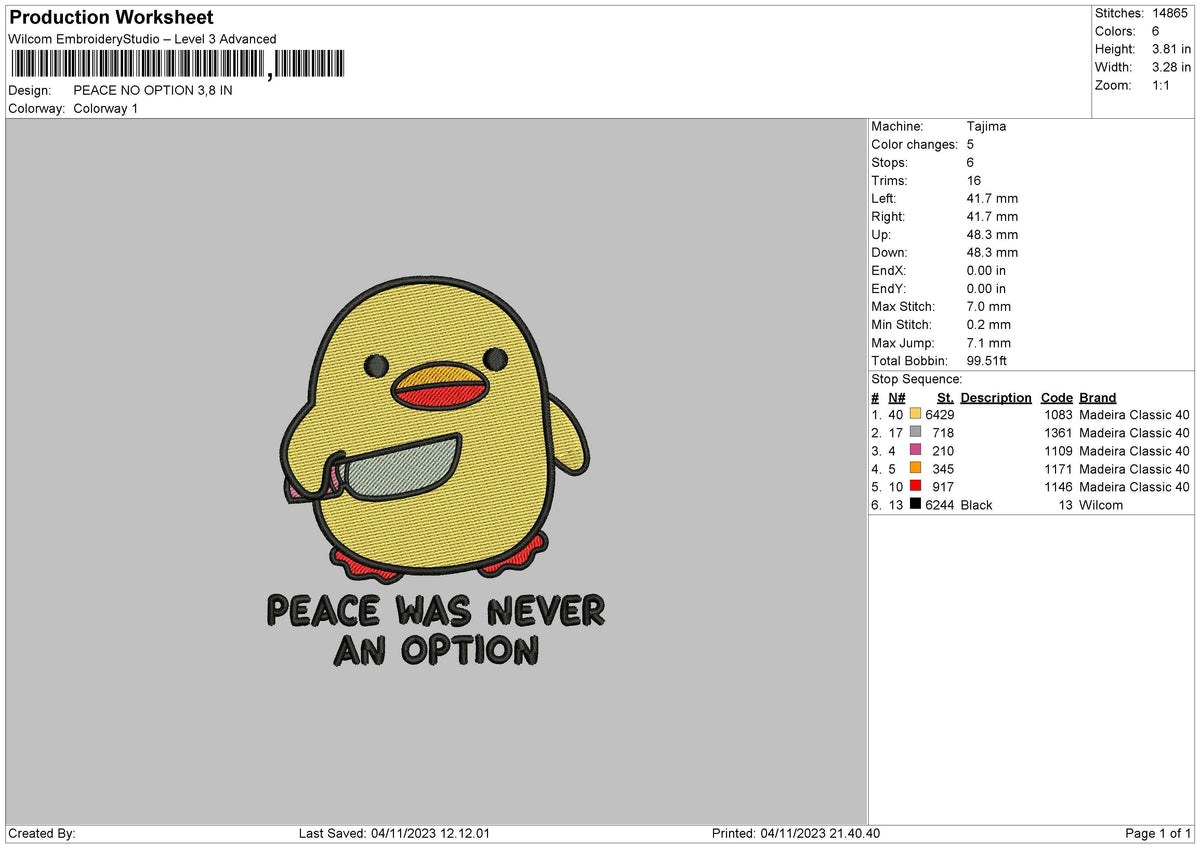 Peace Duck Embroidery File 6 sizes