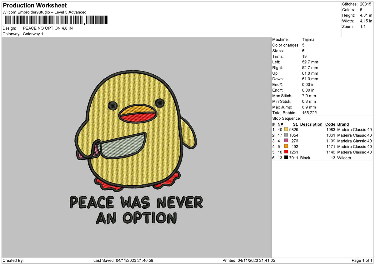 Peace Duck Embroidery File 6 sizes