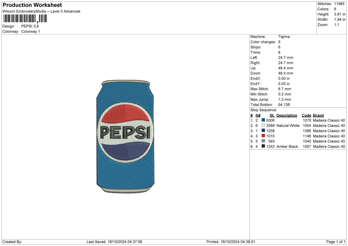 PEPSI Embroidery File 6 sizes
