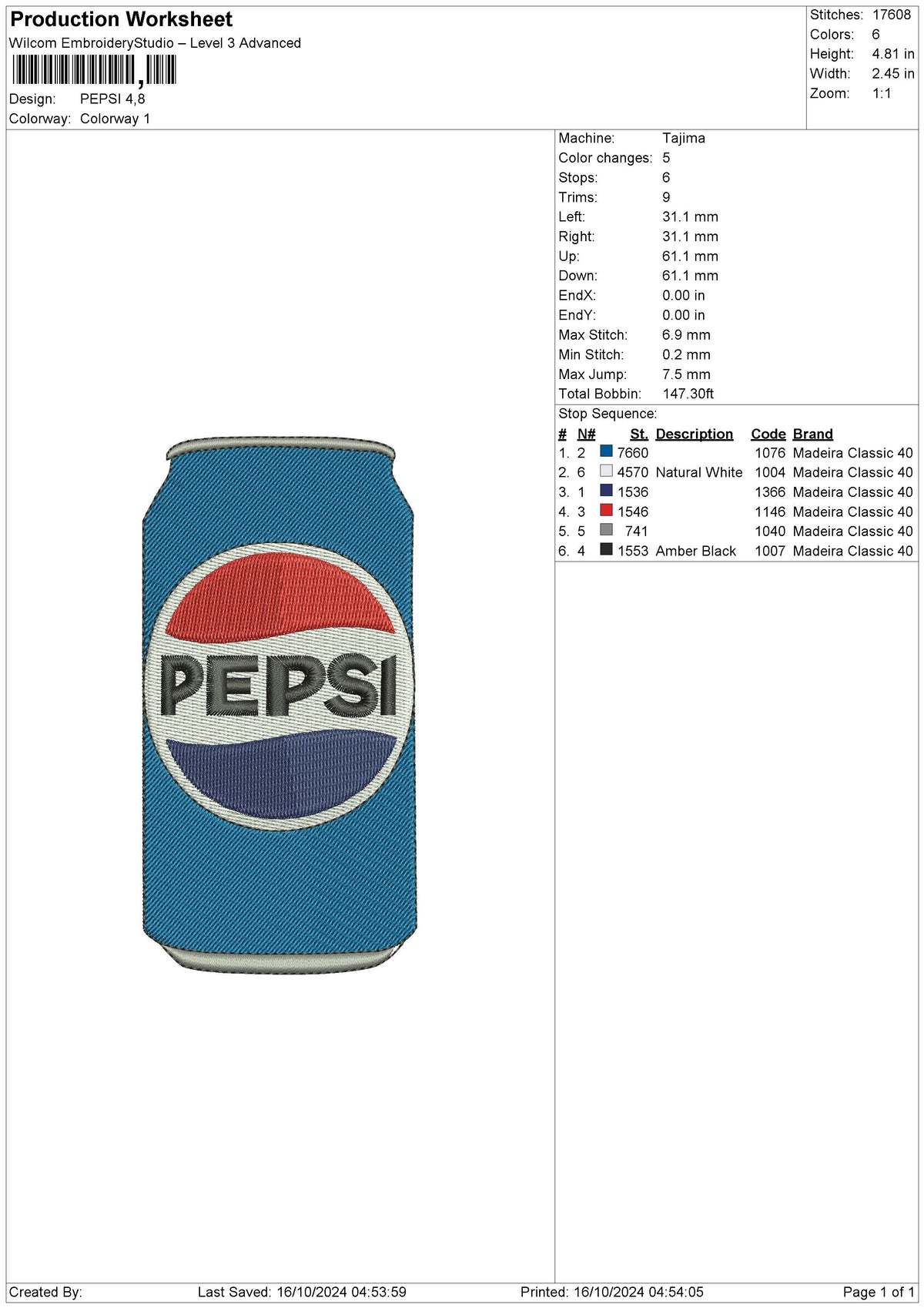 PEPSI Embroidery File 6 sizes