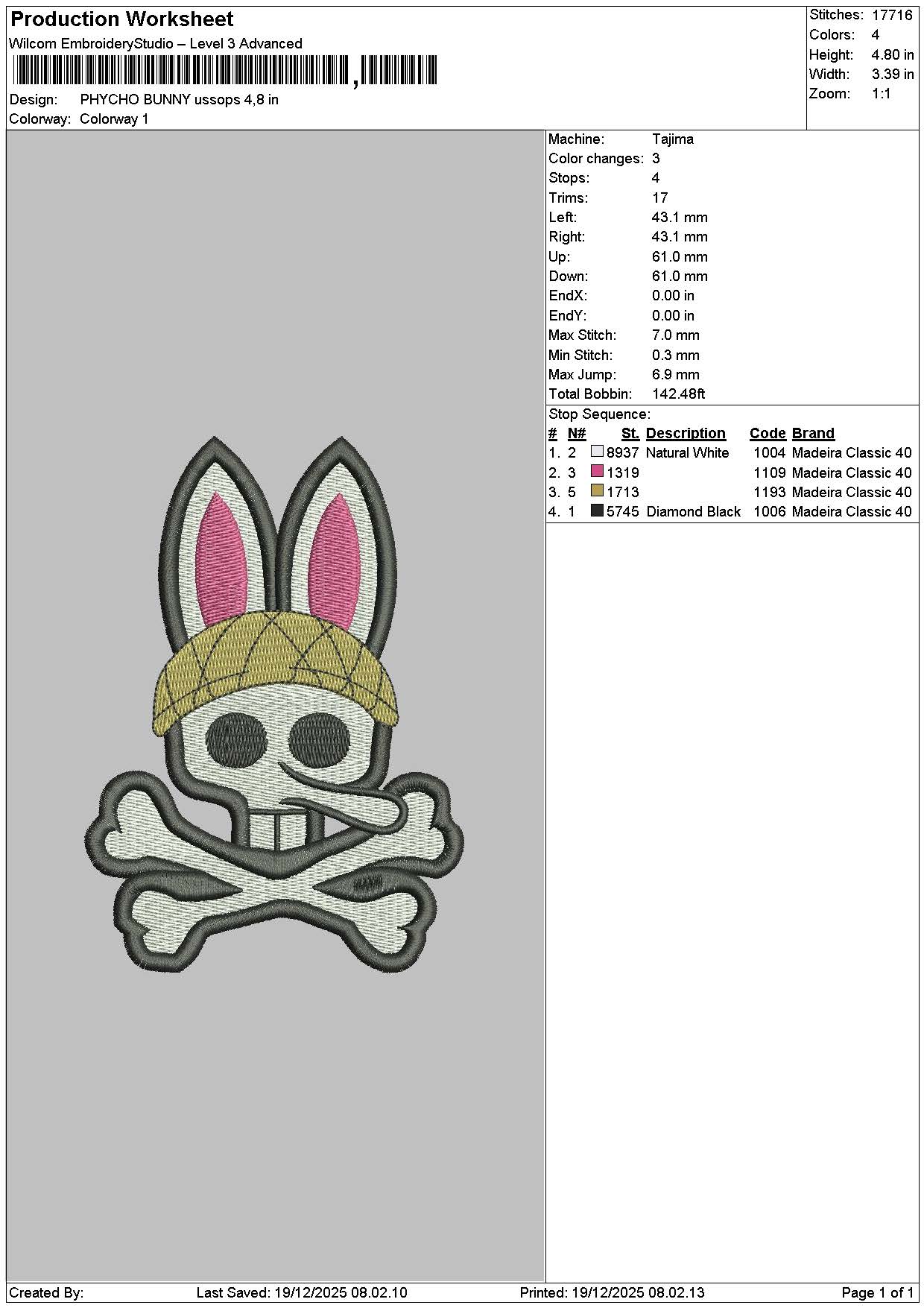 Bunny Skull Embroidery File 6 sizes