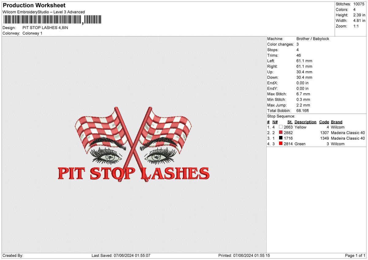 PIT STOP LASHES Embroidery File 6 size