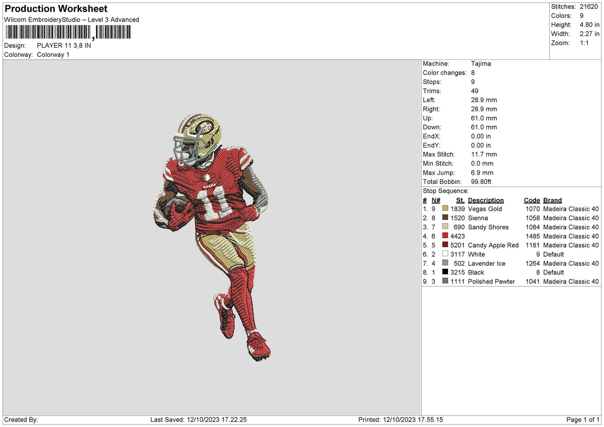 Player 11 Embroidery File 6 sizes
