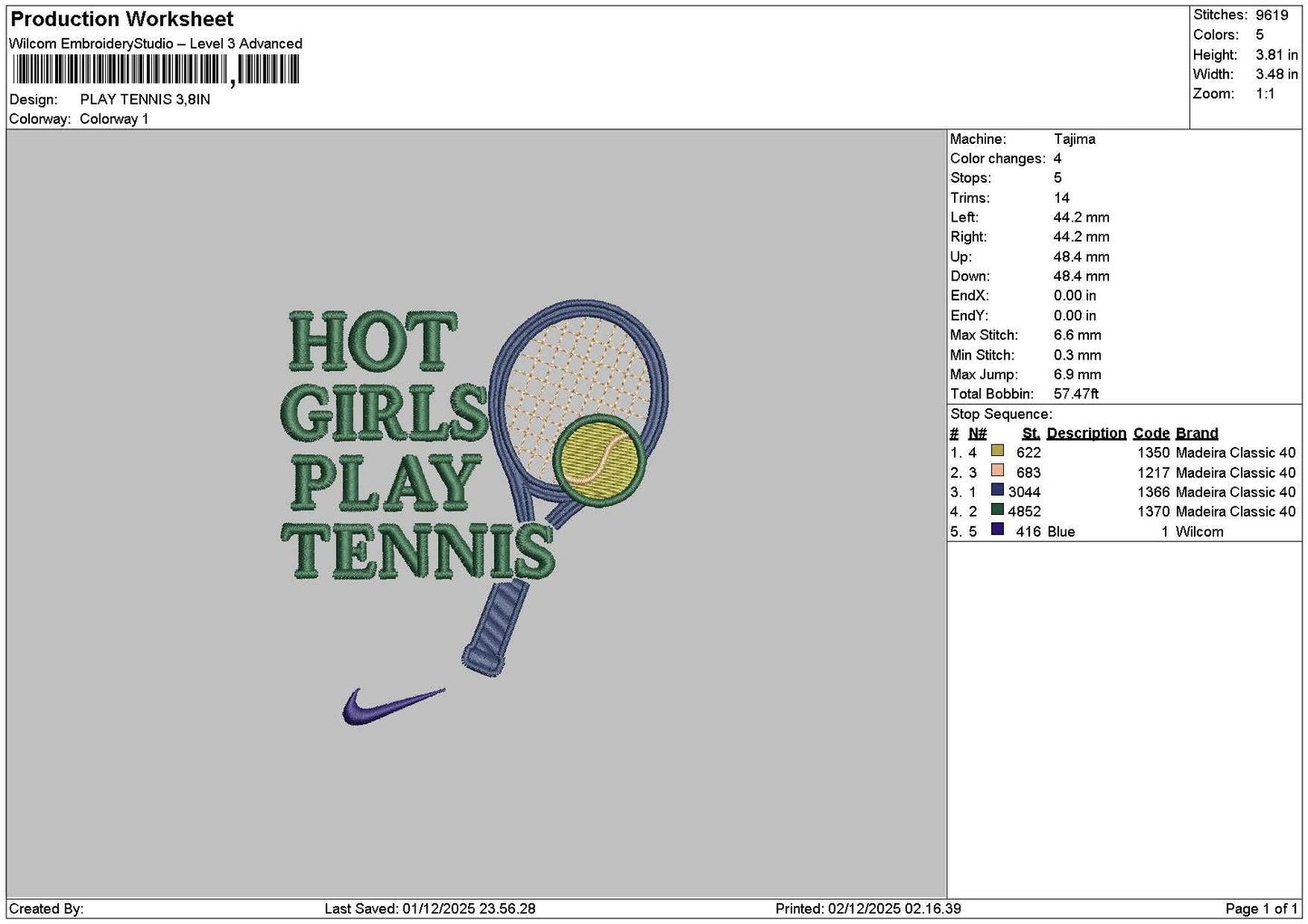 Tennistext 0212 Embroidery File 6 sizes