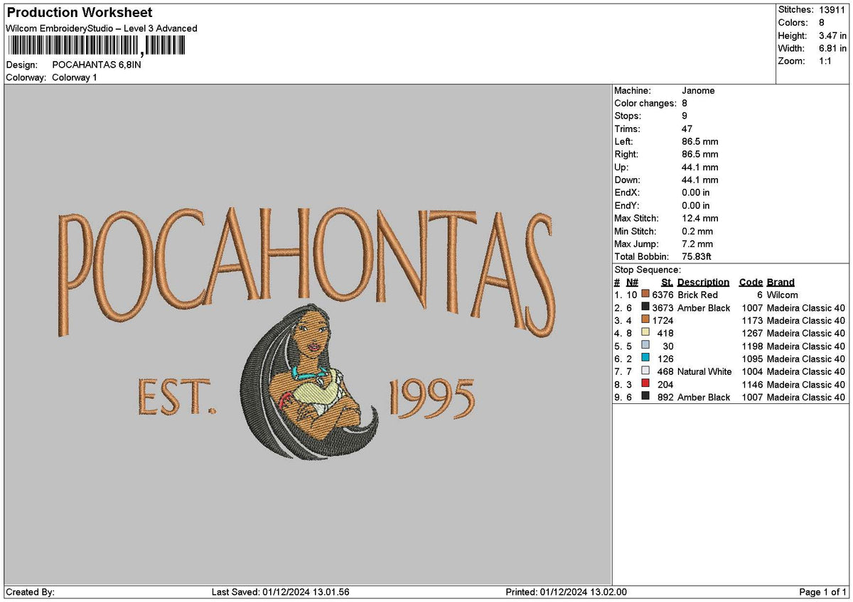 Pocahontastext0112 Embroidery File 6 sizes