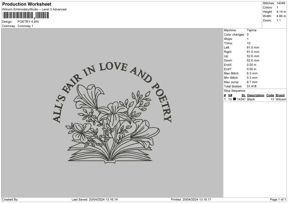 Bookflower Embroidery File 6 sizes